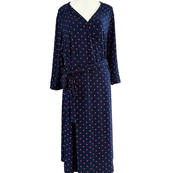 LANDS END Plus Size 1X (16-18) Midi Wrap Dress Navy/Red Ditsy Floral Boho Retro - Picture 1 of 13